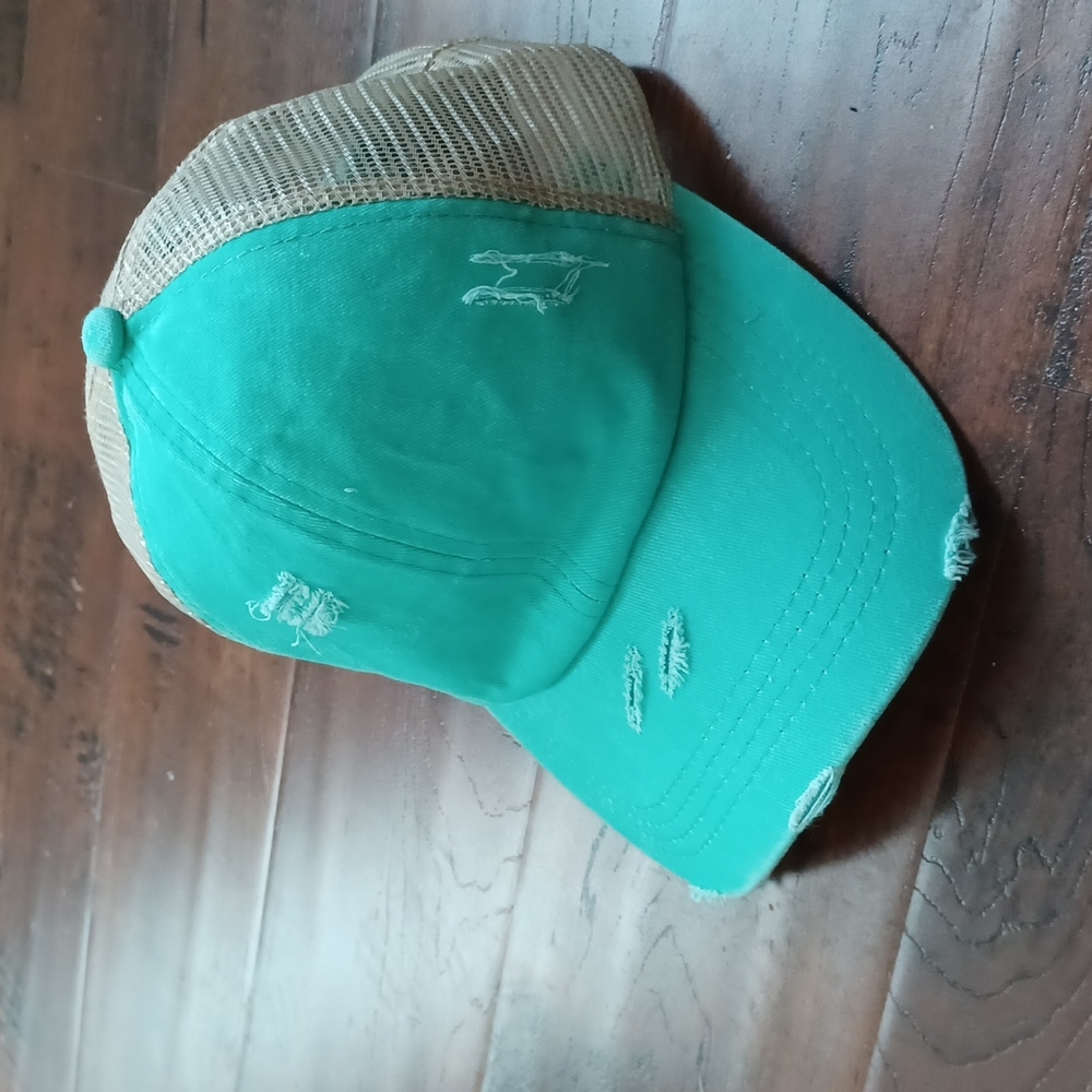 Distressed Teal Cap w/ Ponytail Slot in Back NWT